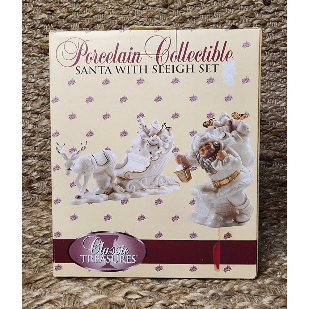 Classic Treasures Christmas Porcelain Collectible Santa Reindeer Sleigh Figurine